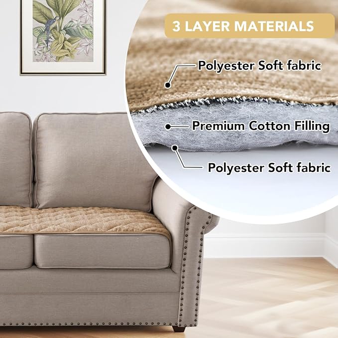 H.VERSAILTEX Couch Cover Chenille Pet Fuzzy Sofa Covers for 2 Cushion Couch Anti Slip Washable Sofa Slipcovers with Strap Soft Couch Protector Cover for Dogs Cats Kids(27.6" x 71",Khaki)