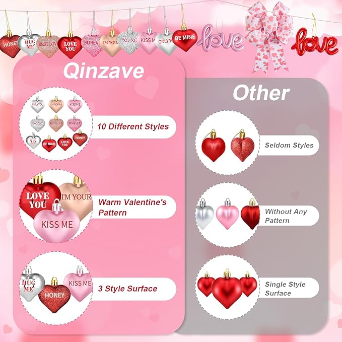 43Pcs Valentine's Day Heart Shaped Ornaments with Valentine Tree Topper Bow, 13 Styles Heart Shaped Ornament with Sweet Love Words, Valentine Ornaments for Tree Wedding Anniversary Decoration