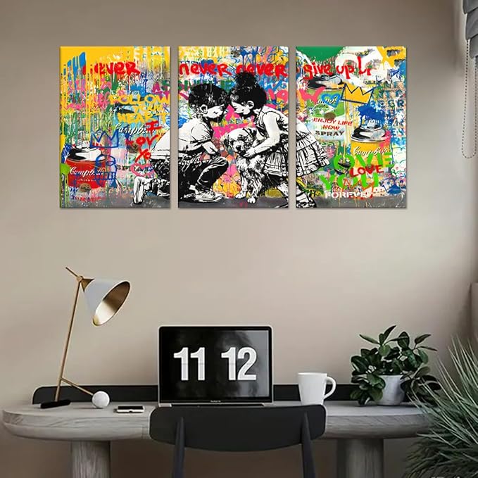 Novatique Banksy Canvas Wall Art for Bedroom Graffiti Picture Wall Decor Modern Graffiti Poster Artwork Framed Ready to Hang for Living Room Office, 20”x 28”x 3Pcs