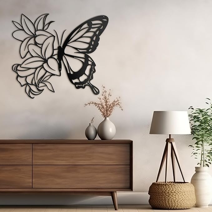 SIGNLEADER Metal Wall Art Decor Butterfly and Flowers Minimalist Modern Abstract Wall Sculpture Hangings Home Decoration for Living Room, Bedroom, Bathroom, Kitchen, Outdoor - 30" Black