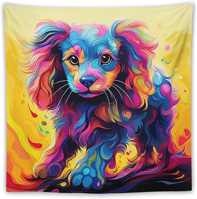 VUMIVI Colorful Cute Dog Tapestry Rainbow-Hued Oil Painting Pet-Themed Abstract Art Print Tapestry Wall Hanging for Living Room Bedroom Dorm Classroom Aesthetic Decor W60xL60in