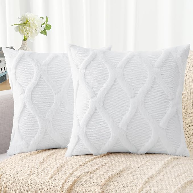 decorUhome Spring Euro Sham Throw Pillow Covers 26x26 Inch Set of 2, Soft Plush Faux Fur Wool Pure White Couch Pillow Covers, Decorative Neutral Pillow Cases for Bed Sofa Living Room Home Decor