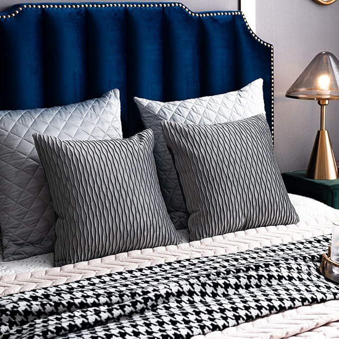 Grey Striped Decorative Pillow Cases: 2 Pack 18x18 Inch Original Velvet Square Throw Pillow Covers for Farmhouse Couch