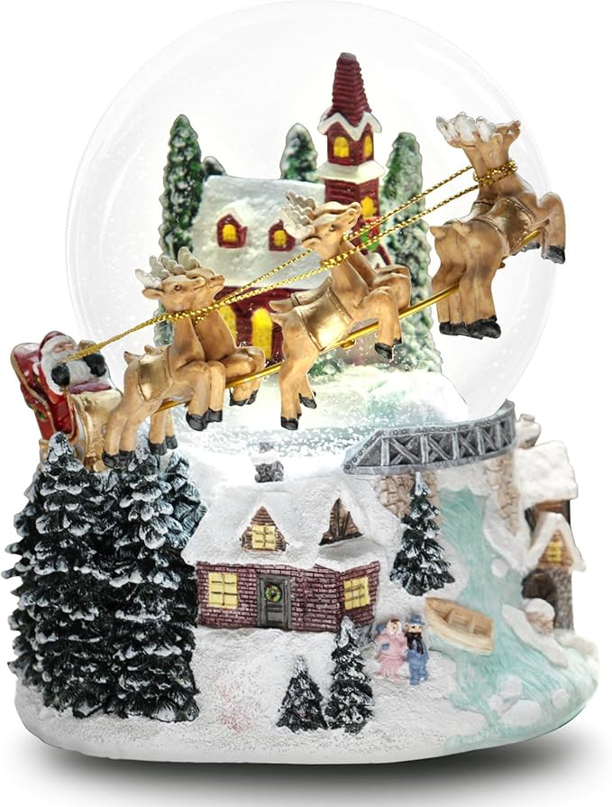 7'' H Christmas Snow Globe with Light up and Musical Valentine's Day Decoration Gift, Snowflakes Water Globe, Santa Sleigh Reindeer Resin Snow Globe, Christmas Holiday Indoor Decor.