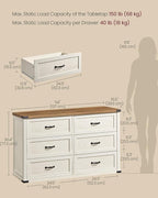 VASAGLE LIRY Collection - 6-Drawer Dresser for Bedroom, 54-Inch Wide Modern Farmhouse Chest of Drawers with Metal Handles, TV Stand, for Living Room, Entryway, Anti-Tipping, Rustic White ULTS661WJ01S