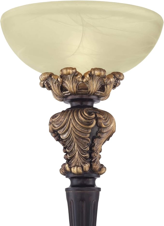 Barnes and Ivy Rita Traditional Victorian Torchiere Floor Lamp 75" Tall Carved Wood Amber Glass Shade Foot Dimmer Standing Light for Living Room Reading House Bedroom Home Office