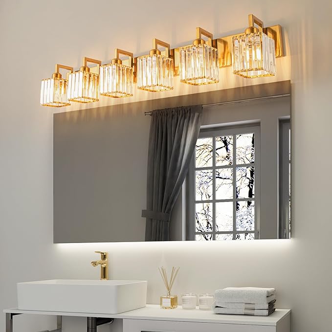 Crystal Bathroom Vanity Light 6-Lights Gold Brushed Brass Finish Modern Crystal Wall Lamp Bathroom Modern Crystal Vanity Lighting
