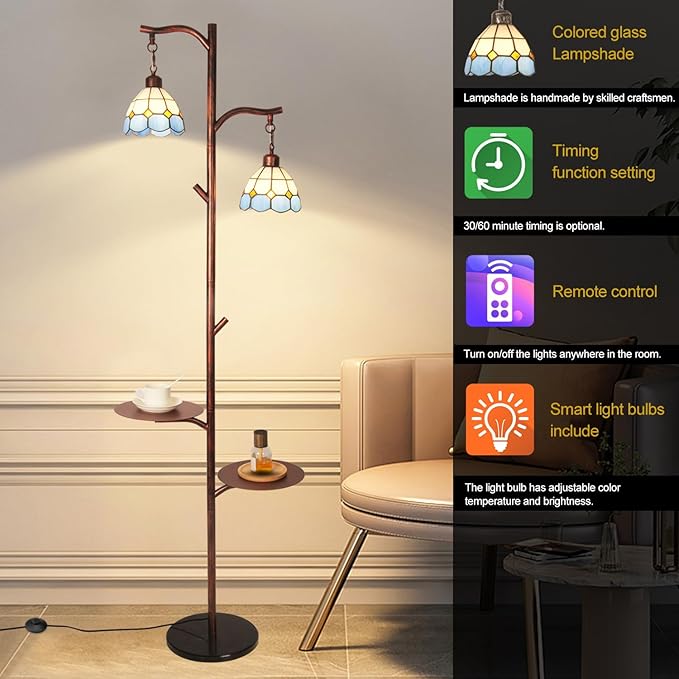 beaysyty Tiffany Style Stained Glass Retro Floor Lamp with Tray,Dimmable Floor Lamps, Custom Color Temperature Standing Lamp for Living Room and Bedroom, Painted Dark Red