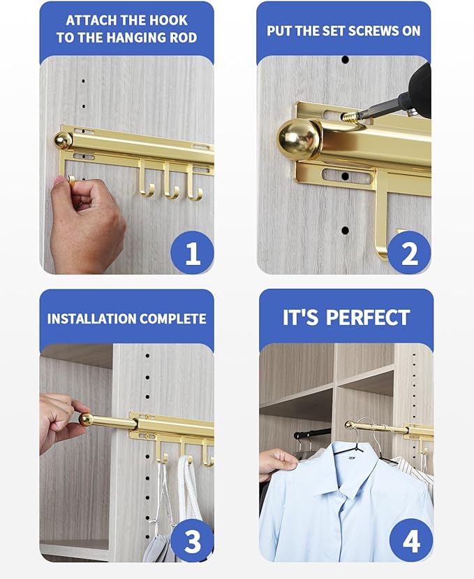 16.5 inch Valet Rod for Closets Pull Out Closet Valet Rod Slide Out Extra long Gold Valet Rods for Closets With 6 Hooks