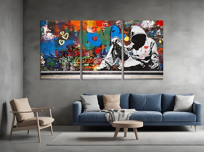 Novatique Colorful Graffiti Wall Art Street Wall Decor Graffiti Painting Picture Banksy Style Wall Art Modern Home Decor for Bedroom Living Room Office, 24"x 36"x 3Pcs