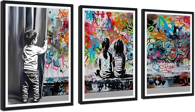 Novatique Banksy Wall Art Street Graffiti Wall Art Behind the Curtain Graffiti Artwork for Living Room Bedroom Office,24" x 36" x 3pcs