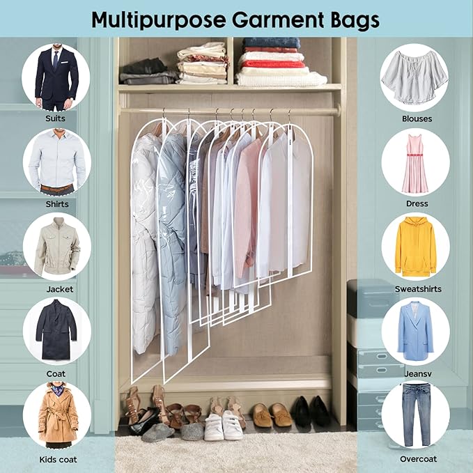 Garment Bags for Hanging Clothes, SMINDER Clear Plastic Bags Full Zipper Suit Bags PEVA Breathable Lightweight Garment Covers for Closet Storage, Suitable for Shirts, Jackets, Gowns (24" x 60"/8 Pack)