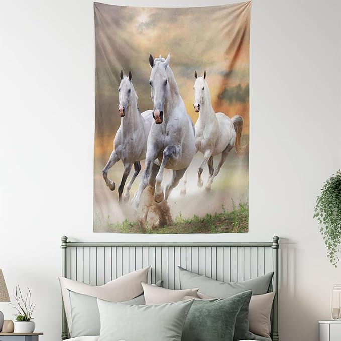 Ambesonne Horses Tapestry, Stallion Horses Running on a Sky Background Male Champions Print, Fabric Wall Hanging Decor for Bedroom Living Room Dorm, 23" X 28", White Orange