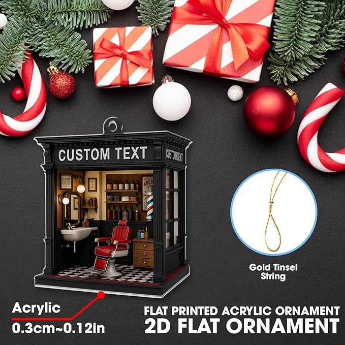 Personalized Barbershop Christmas Ornament 2025, Custom Name Hair Salon Decor, 2D Flat Acrylic Holiday Tree Ornament, Gift for Barber & Stylist