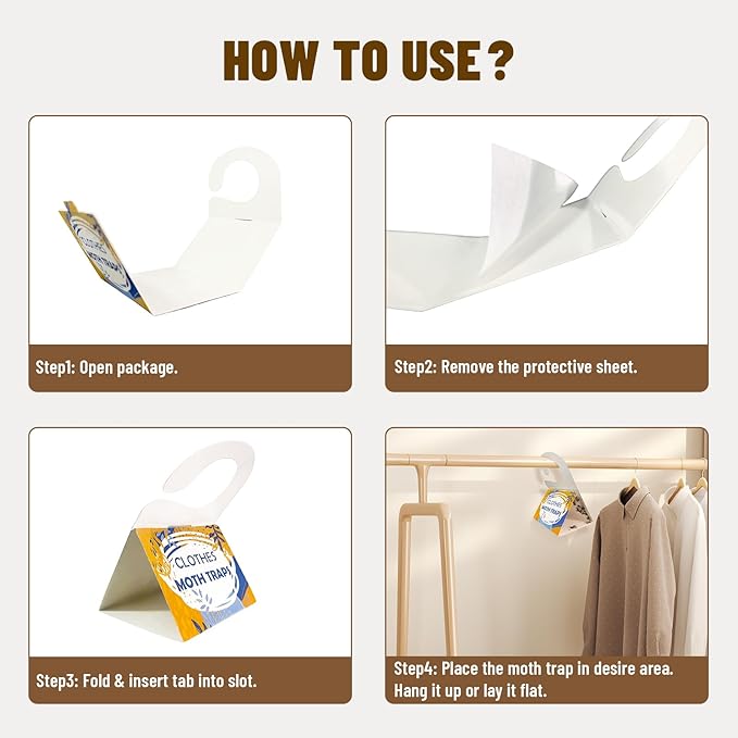 Clothing Moth Trap with Pheromone Attractant 8 Pack, Easy to use Clothes Moth Treatment, Odorless/Non-Toxic Strong Sticky Strips for Closet and Carpet