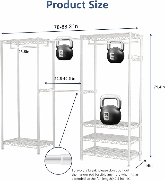 Clothes Rack, Heavy Duty Clothes Rack, Large Wire Closet Garment Rack, Freestanding Expandable Metal Clothing Rack with 4 Hanging Rods, 6 Shelves, and 4 Hangers for Hanging Clothes, White