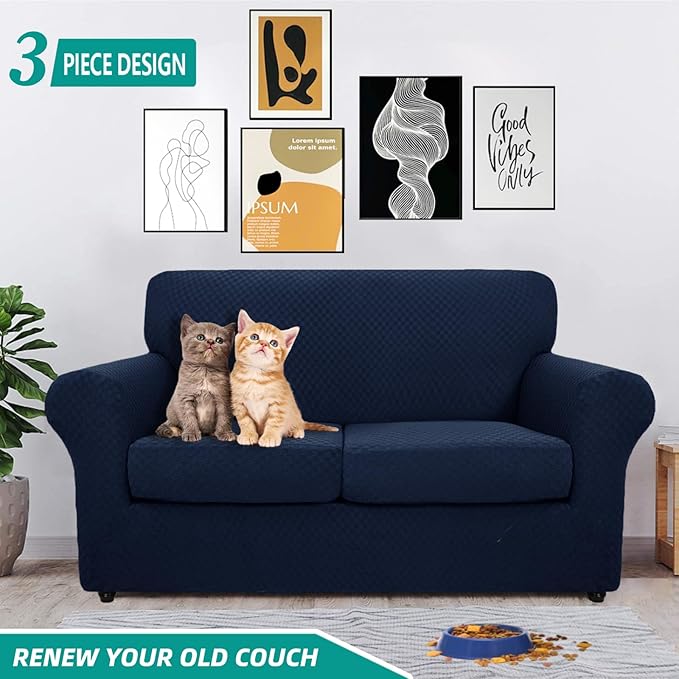 YEMYHOM Latest Checkered 3 Pieces Couch Covers for 2 Cushion Couch High Stretch Thickened Love Seat Sofa Cover for Dogs Pets Anti Slip Elastic Loveseat Slipcover Protector (Navy), 55"-69"(2 Cushions)