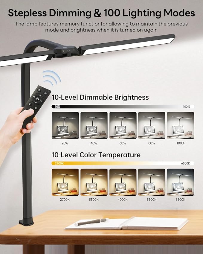 LED Desk Lamp for Home Office, Eye-Caring Desk Light with Clamp, Stepless Dimming 24W Double Head Architect Task Lamp with Remote Control, Flexible Arm, for Working, Studying, Reading, Drafting