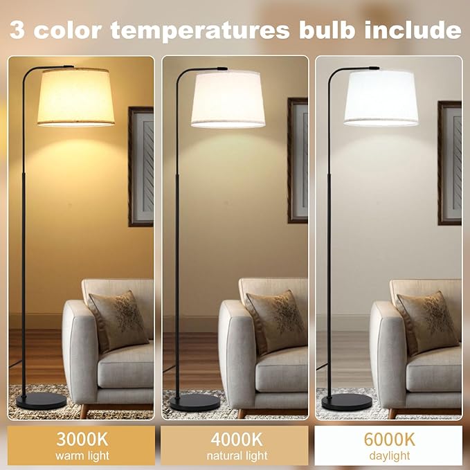 Arc Floor Lamps for Living Room, Modern Floor Lamp for Bedroom, Foot Pedal Control Standing Lamps with Adjustable Linen Lampshade, Tall Lamp with 9W Bulb for Office Reading Room Nursery (Black)