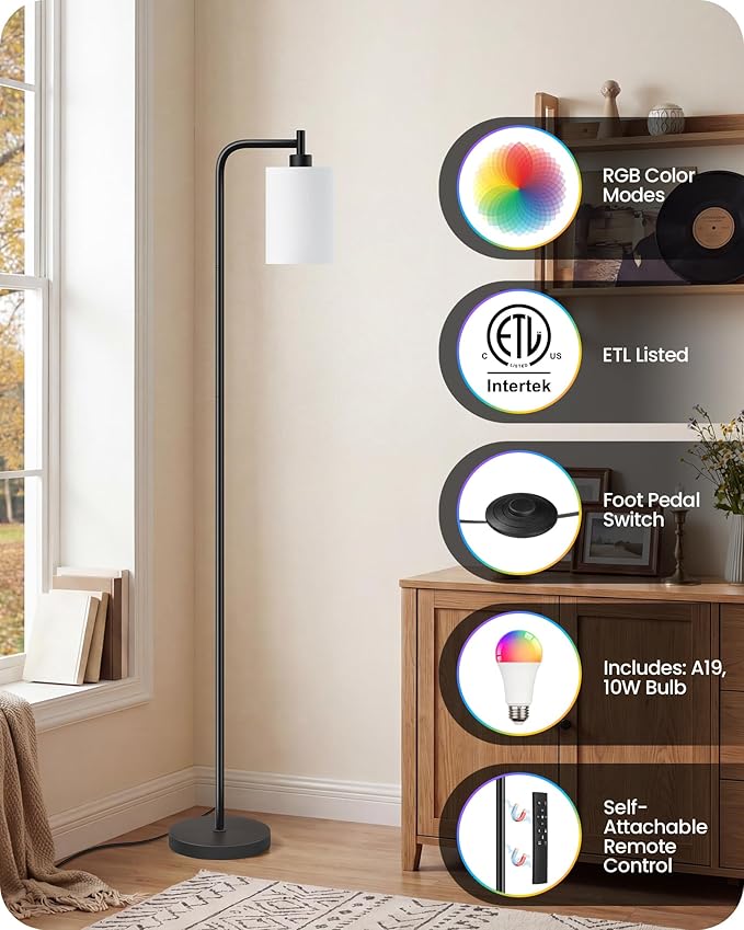 RGB Floor Lamp for Living Room with Remote and Foot Switch, Modern Standing, Dimmable Corner Lamp,10W Bulb 3 Color Temperatures, for Bedroom, Office, Corner, ETL Listed, White RCW19LD05