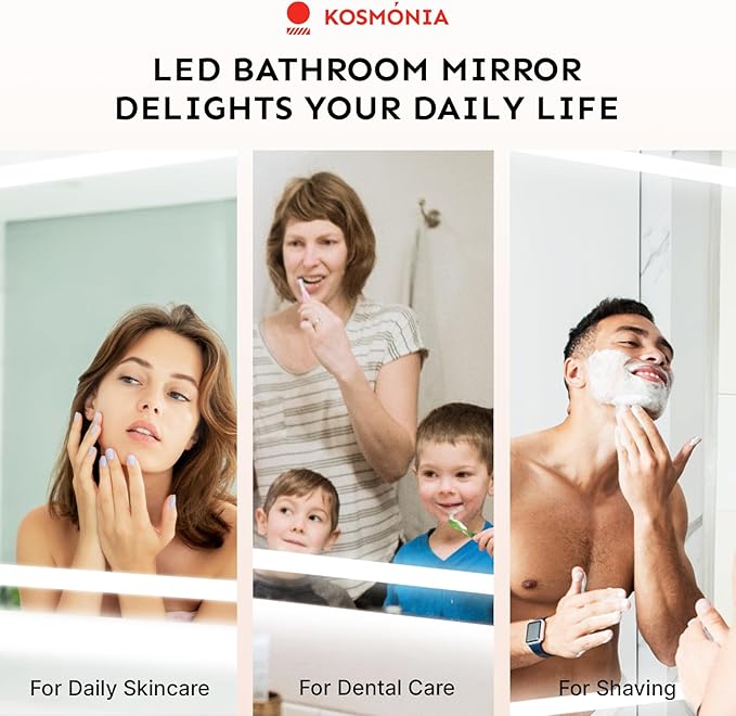 28x36'' LED Bathroom Mirror with Light, Frameless, Dimmable Front & Backlit, Anti-Fog, Distortion Free, Light Memory, Tempered and Shatter-Proof Wall Mounted Vanity Silver Coating Mirror