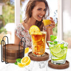 6 Pcs Best Wooden Coasters with Holder Coffee Table Decor Acacia Wood Coaster Set Modern Cup Coaster for Drink Home Dining Table Kitchen Accessories Cute Beer Bar Decorative Rustic Outdoor Coasters