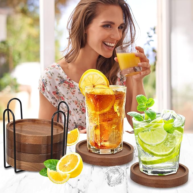 6 Pcs Best Wooden Coasters with Holder Coffee Table Decor Acacia Wood Coaster Set Modern Cup Coaster for Drink Home Dining Table Kitchen Accessories Cute Beer Bar Decorative Rustic Outdoor Coasters