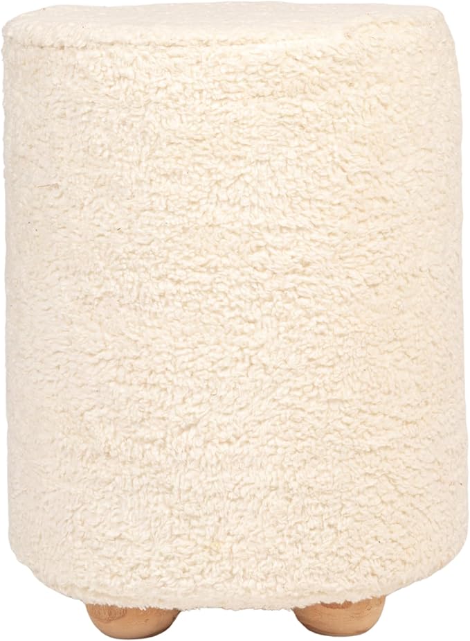 Bloomingville Round Sherpa Upholstered Pouf with Pine Wood Feet, Cream and Natural
