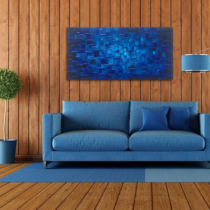 MyArton Large Abstract Dark Blue Square Canvas Wall Art Hand Painted Textured Oil Painting on Canvas Ready To Hang Artwork 56x28inch