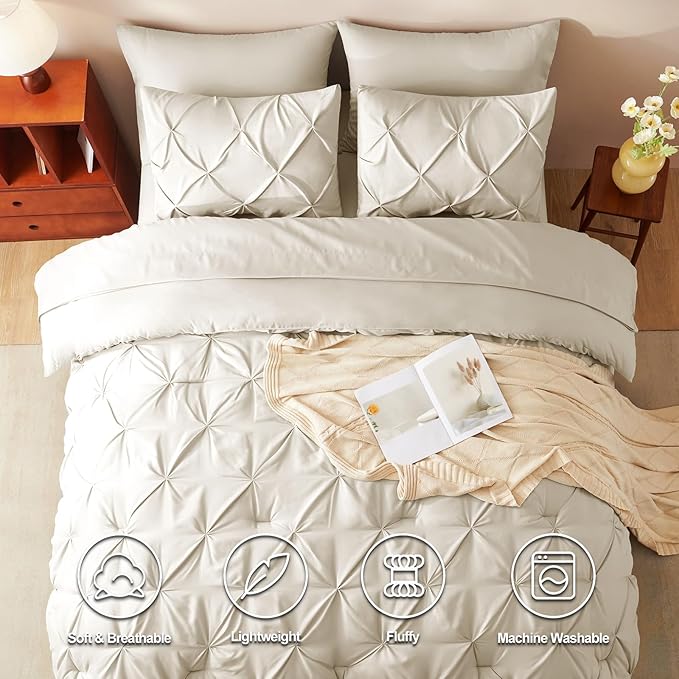 CozyLux Queen Comforter Set Beige, 7 Pieces Pintuck Bed in A Bag, Premium Beige Comforter Queen Size, Pinch Pleat Bedding Sets with Comforter, Sheets, Pillowcases & Shams