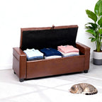 43.31'' Storage Ottoman Bench, Upholstered Tufted Bedroom Bench with Storage, End of Bed Storage Bench for Living Room & Entryway, 350 lb Capacity, Leather Brown