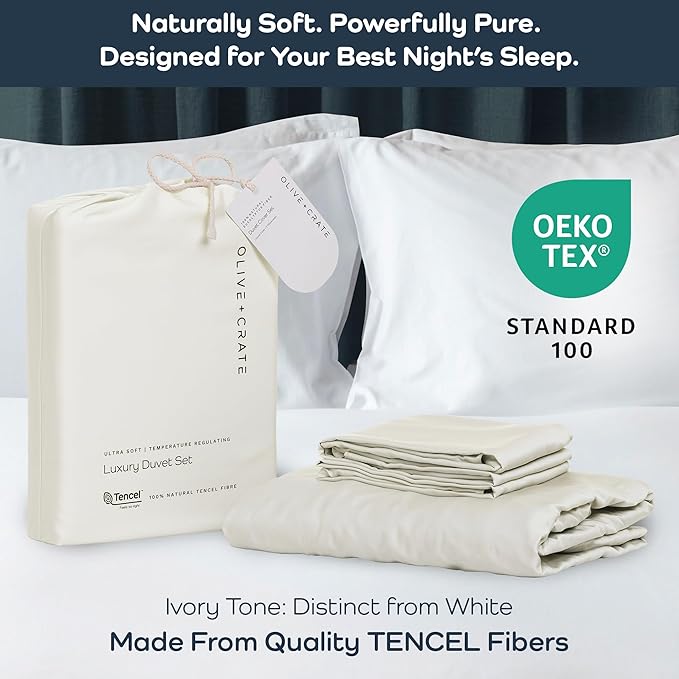 Olive + Crate Tencel Eucalyptus Cooling Duvet Cover Set - Hypoallergenic, Lyocell Tencel Duvet Cover - Soft, Temperature Regulating with Hidden Button Closure & Corner Ties - Queen Size [Ivory]
