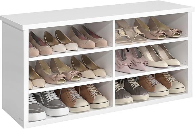 VASAGLE Shoe Bench, Storage Bench, 6 Compartments, Adjustable Shelves, for Living Room, Entryway, Dorm, 11.6 x 39.4 x 19.7 Inches, Cloud White ULSB036W01