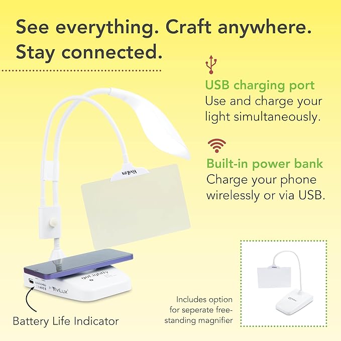 goLightly by ViviLux LED Craft Lamp with 3X Magnifier & Wireless Charger, Rechargeable Battery, Hands-Free Task Lighting for Crafts, Sewing & Reading