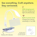goLightly by ViviLux LED Craft Lamp with 3X Magnifier & Wireless Charger, Rechargeable Battery, Hands-Free Task Lighting for Crafts, Sewing & Reading