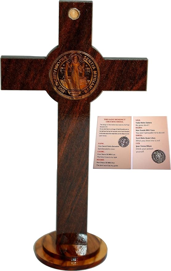 Holy Land Market Olive Wood Table and Wall St. Benedict Crucifix with a Certificate and Lord prayer card (6.75 Inches)