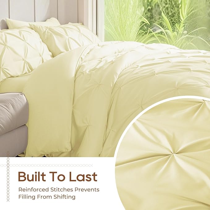 Sasttie Queen Comforter Set, 7-Piece Bed in a Bag, Pintuck Bedding Sets for All Season, Includes Comforter, Flat Sheet, Fitted Sheet, Pillowcases and Pillowshams, Cream Yellow