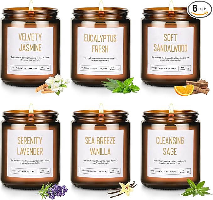 Scented Soy Candles Set for Women - 6 Pack 42oz 300Hour Candle for Home Scented, Lavender Vanilla Eucalyptus Sage Jasmine Sandalwood Candle for Spring Summer, Natural Soy Wax Aromatherapy Candles ﻿