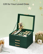 SONGMICS GISELLA Collection - Jewelry Box Organizer, 4-Layer Jewelry Storage with 3 Drawers, Shiny Metal Hardware, Glass Lid, Modern, 8 x 9.1 x 6.5 Inches, Forest Green and Gold Color UJBC173C01