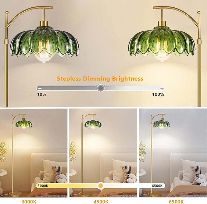 Glass Floor Lamp for Living Room,Bedroom,Gold Dimmable Standing Lamp with Remote,Mid Century Modern Brass Tall Lamp Boho Vintage Retro Floor Lamps Arc Green Flower Floor Light Lamp Bohemian