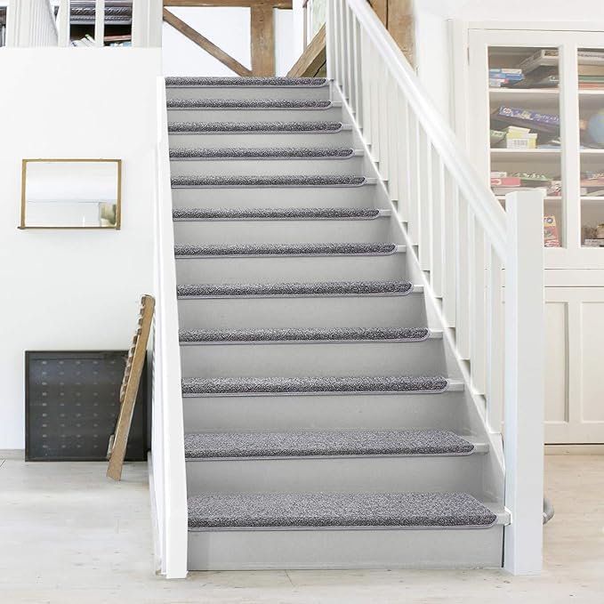 PURE ERA Bullnose Carpet Stair Treads Set Tape Free Non-Slip Indoor Stair Protectors Pet Friendly Rugs Covers Soft Skid Resistant Washable Reusable 9.5" x 30"(7 Pieces,Gray)