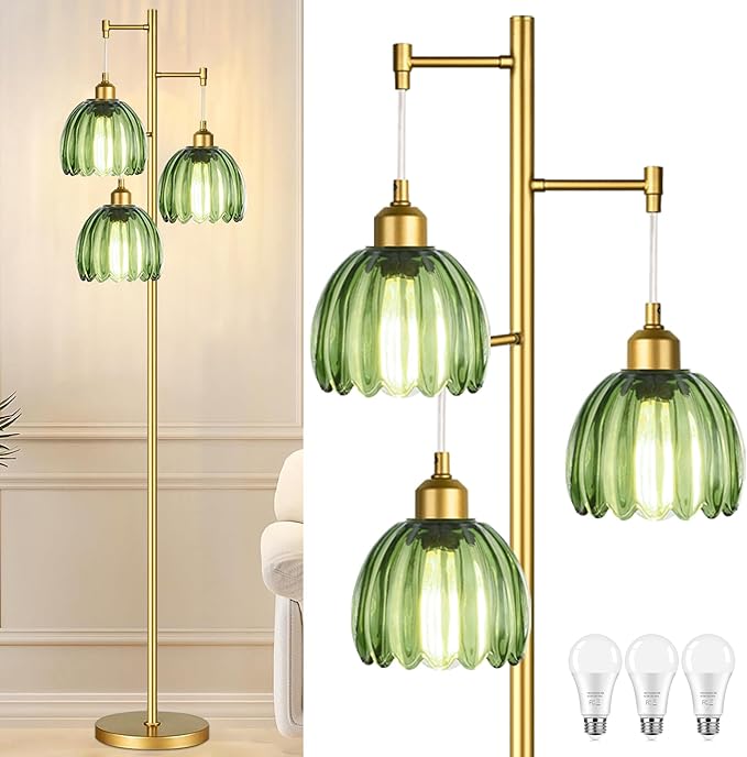 Gold Floor Lamp for Living Room Bedroom,Modern Tree Floor Lamps with Green Glass Shades,68IN Tall Standing Lamp with Bulbs,3 Lights Mid Century Vintage Floor Lamp for Corner Office Reading
