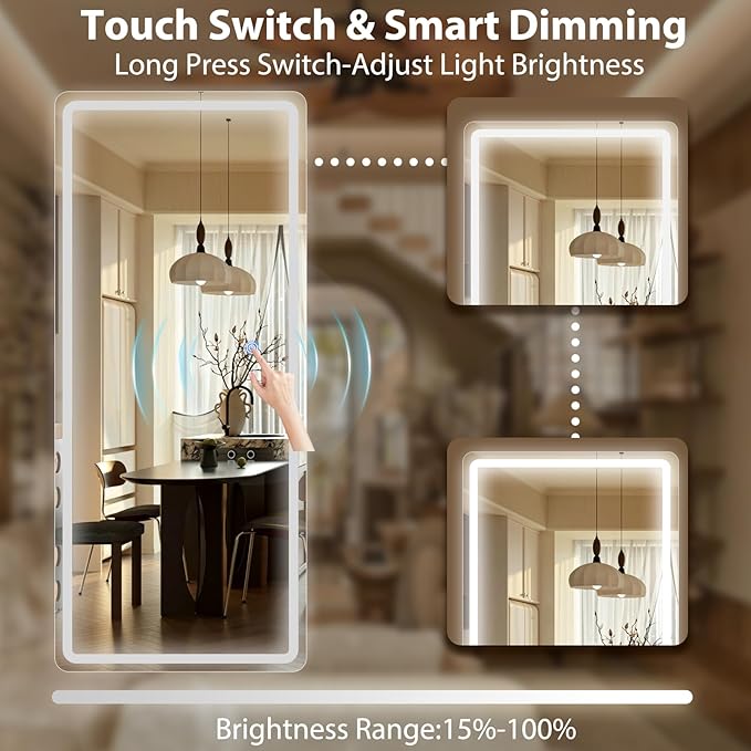 GLSLAND Full Length Mirror with Lights, 71"x30" Dimmable Floor Mirror – 3-Color Lighting, Standing or Wall-Mounted LED Body Mirror for Bedroom & Cloakroom