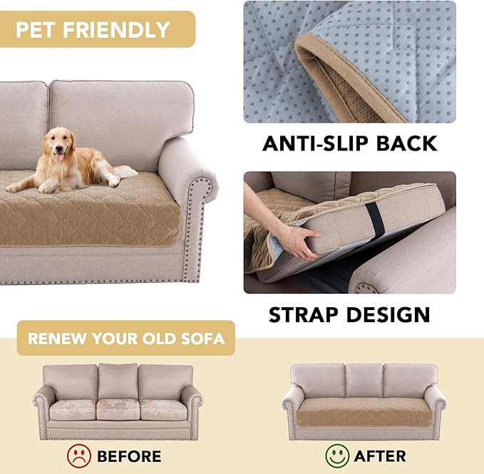 H.VERSAILTEX Couch Cover Chenille Pet Fuzzy Sofa Covers for 3 Cushion Couch Anti Slip Washable Sofa Slipcovers with Strap Soft Couch Protector Cover for Dogs Cats Kids(36" x 82",Khaki)