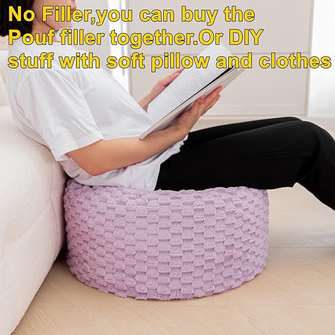 Asuprui Pouf Ottoman Unstuffed Floor Pouf Ottoman Foot Rest 20x20x12 Inches Round Poof Seat Floor Bean Bag Chair Foldable Floor Chair Storage for Living Room Bedroom Purple Pouf Cover
