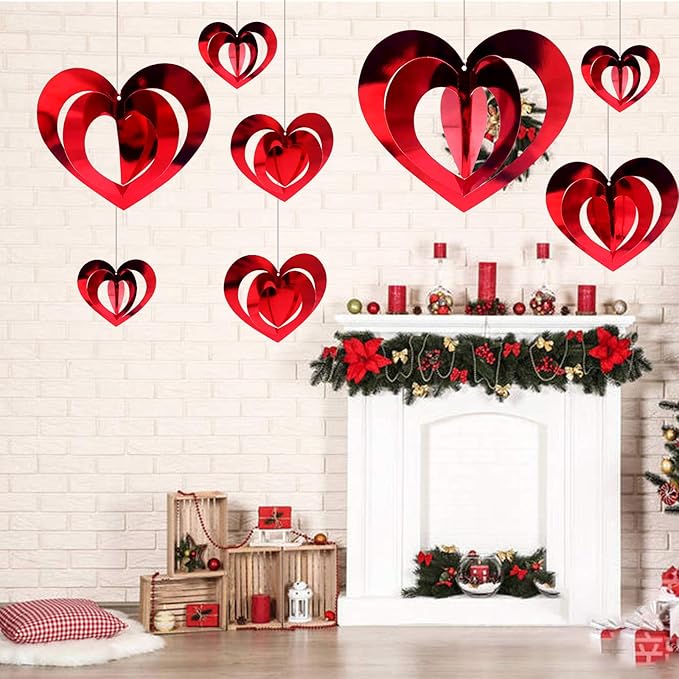 Deloky 32 Pcs Valentine's Day Heart Hanging Foil Decorations, Swirl Red Hearts Ornaments, 3D Heart Garland Ornaments for Valentine's Day Wedding Anniversary Tree Party Decoration