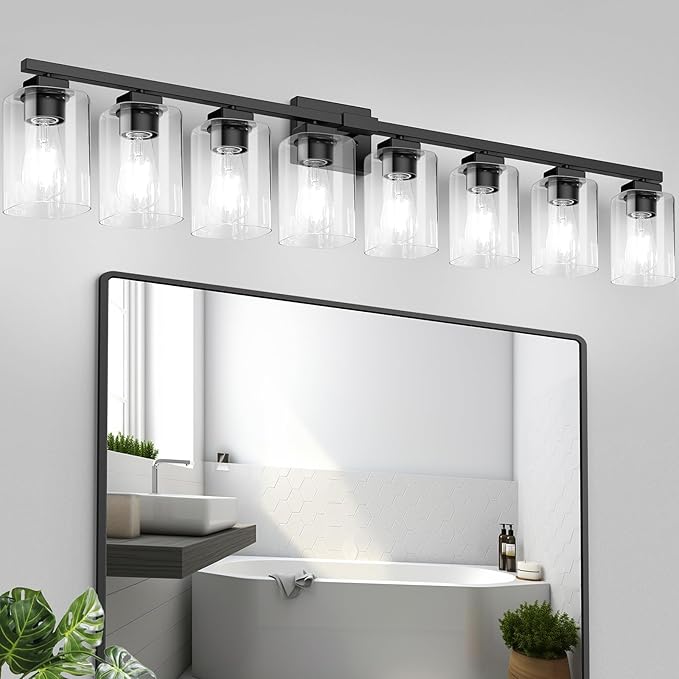 BesLowe 51" 8-Light Bathroom Light Fixture, Modern Black Vanity Light, Bathroom Lighting Fixtures Over Mirror, Matte Black Bathroom Wall Lamp, Wall Lights for Living Room Bedroom Hallway