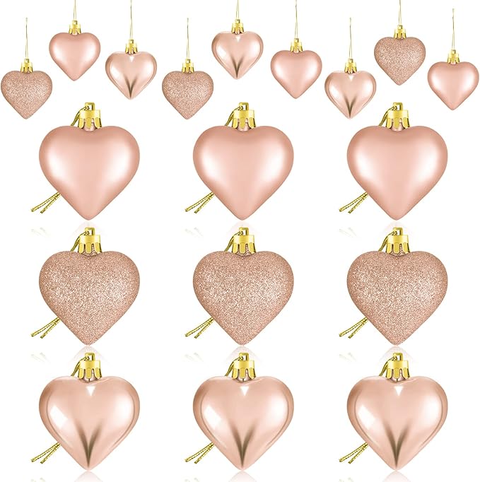Skylety 30 Pieces Valentine's Day Heart Ornaments, Heart Shaped Decorations Tree Hanging Baubles for Valentine Wedding Anniversary, 3 Styles 2 Size (Rose Gold)