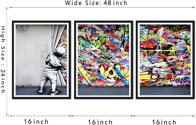 Novatique Banksy Canvas Wall Art Modern Street Wall Art Behind the Curtain Painting Framed Print Graffiti Art Wall Decor for Living Room Bedroom,16" x 24" x 3pcs