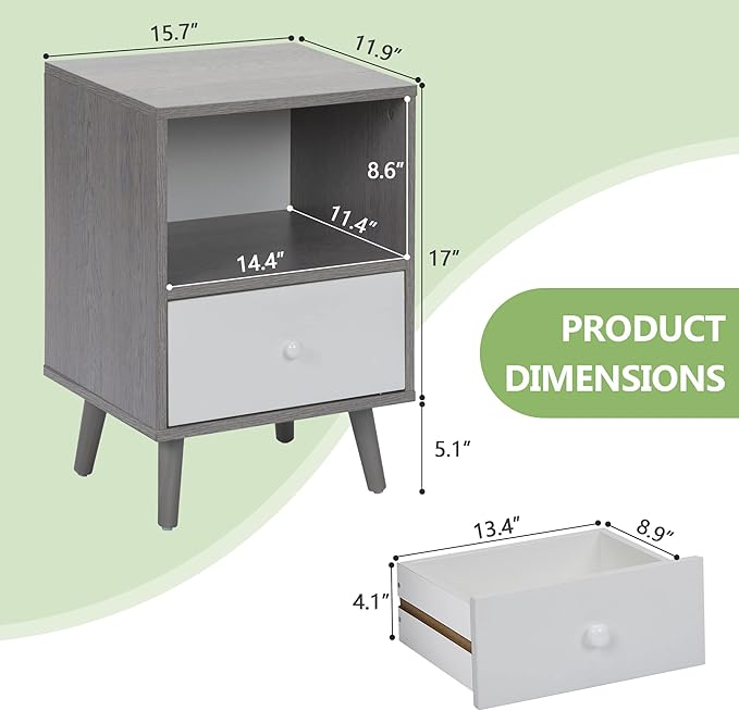 JAXPETY Nightstands Set of 2, Night Stand with Drawer and Open Storage Shelf, Bedside Tables with Solid Wood Legs, End Table, Side Table, for Bedroom(2-Pack, Grey)